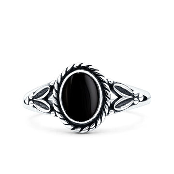 Filigree Petite Dainty Lab Opal Ring Solid Oval Oxidized Simulated Black Onyx 925 Sterling Silver
